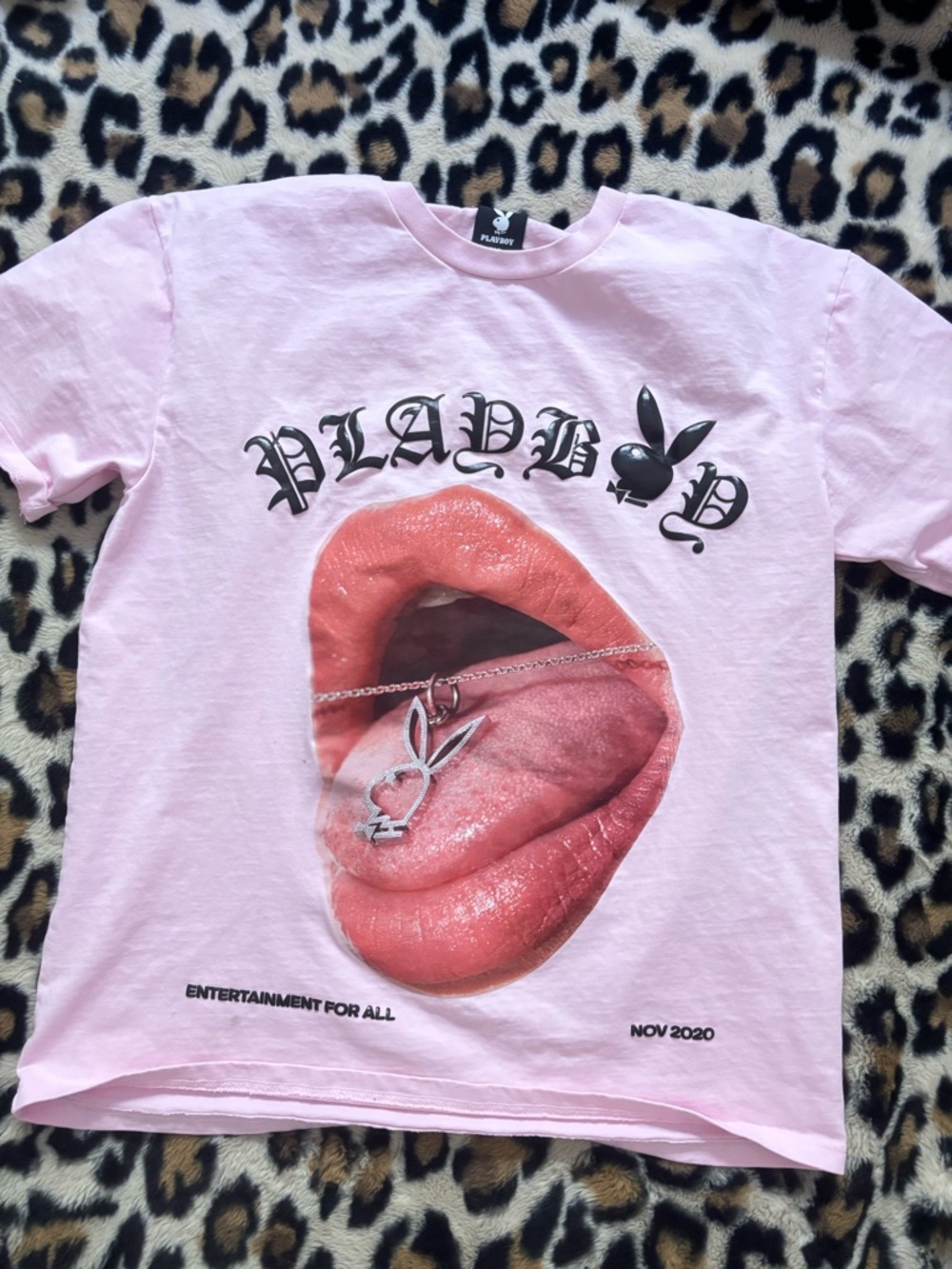 PLAYBOY Pink Tee with Graphic & Bunny Rhinestone Pendant